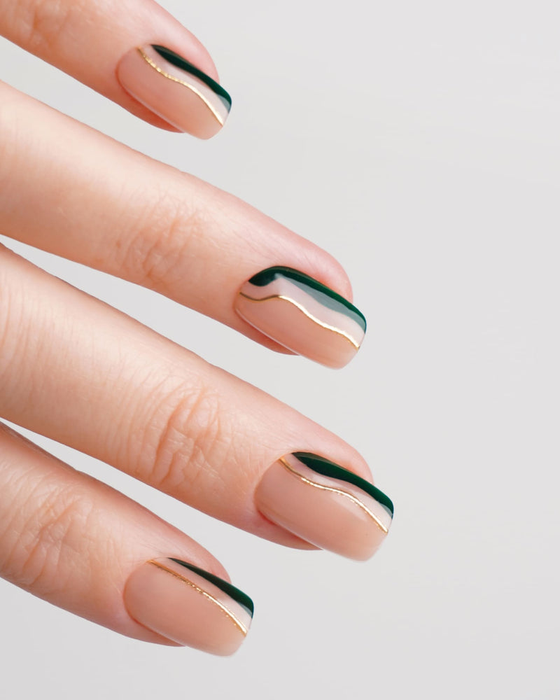 Gold Green Slate Swirl Short Square Soft Gel Press Ons - Doonails Switzerland